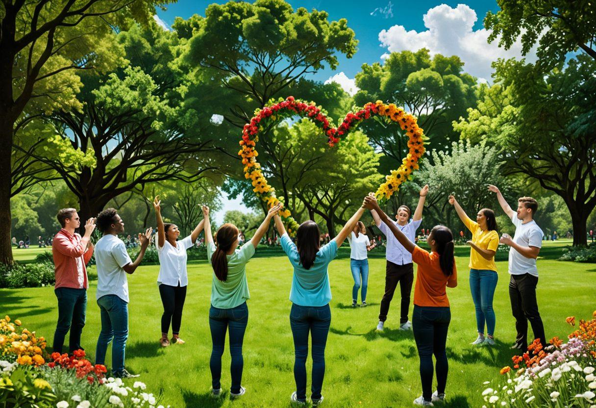 A diverse group of people from different backgrounds joyfully collaborating in a lush green park, symbolizing unity and affection. Heart-shaped clouds float above them, while vibrant flowers bloom around, representing growth and change. The scene is filled with smiles and gestures of support, encapsulating the essence of fellowship. super-realistic. vibrant colors. 3D.