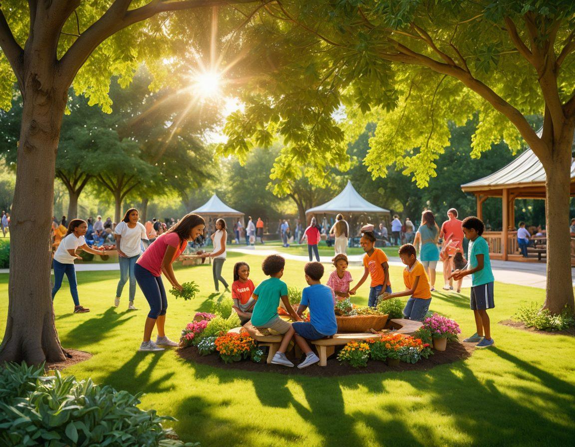 A vibrant scene depicting a diverse group of people gathered in a community park, engaged in various acts of kindness, such as planting trees, sharing meals, and playing with children. Bright smiles and laughter fill the air, showcasing unity and affection among different cultures. Soft sunlight filters through lush trees, creating a warm and inviting atmosphere. Artistic elements like heart shapes subtly incorporated in the background. super-realistic. vibrant colors. 3D.